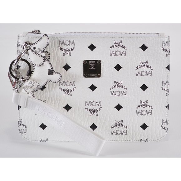 New MCM White Black Visetos Zip Top Wristlet Clutch Purse and Dog Charm